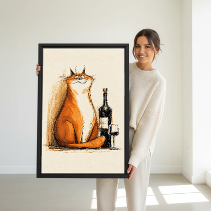 Orange Cat Wine Moment canvas art held framed by a woman in a bright interior.