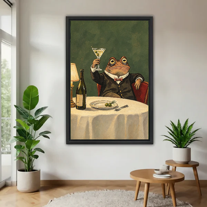 Dapper Martini Toad canvas art framed beside green plants and a round wooden table.
