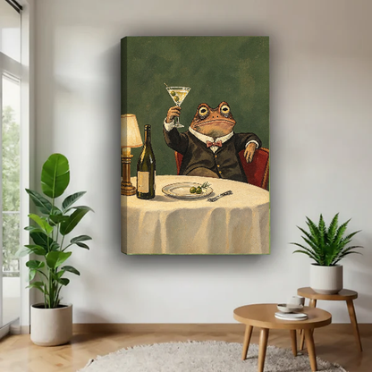 Dapper Martini Toad canvas art unframed beside green plants and a wooden table.