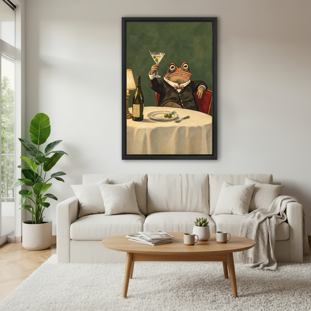 Dapper Martini Toad canvas art framed above a cream sofa and pale wooden table.