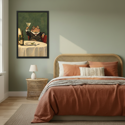 Dapper Martini Toad canvas art framed on a sage bedroom wall above rust bedding.