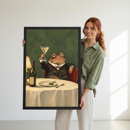 Dapper Martini Toad canvas art held framed by a woman wearing sage green.