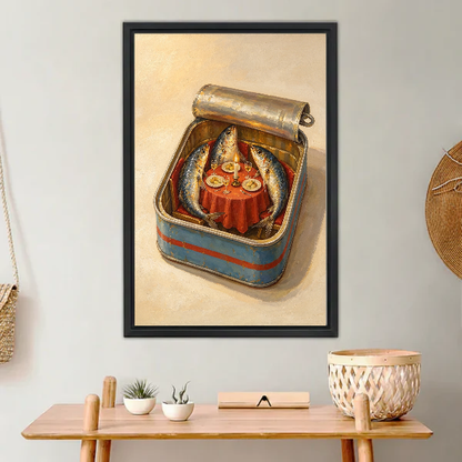 Sardine Tin Dinner Party canvas art framed above a wooden console with small plants.