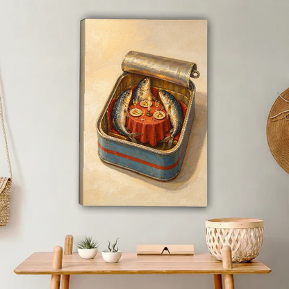 Sardine Tin Dinner Party canvas art unframed above a wooden console with woven accessories.