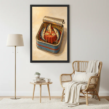 Sardine Tin Dinner Party canvas art framed above a rattan reading chair and cream throw.