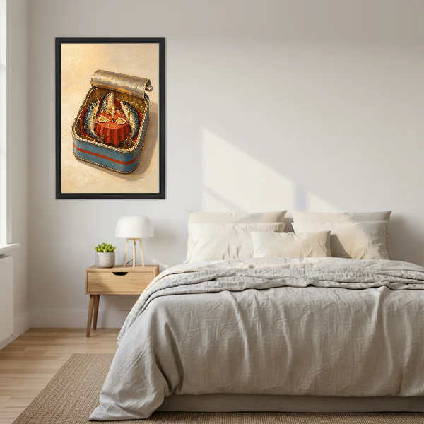 Sardine Tin Dinner Party canvas art framed above a cream bed with neutral bedding.