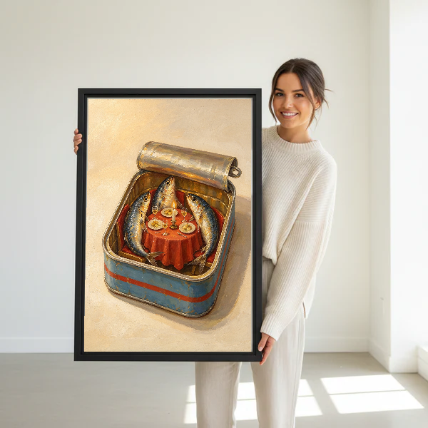 Sardine Tin Dinner Party canvas art held framed by a woman in a bright interior.