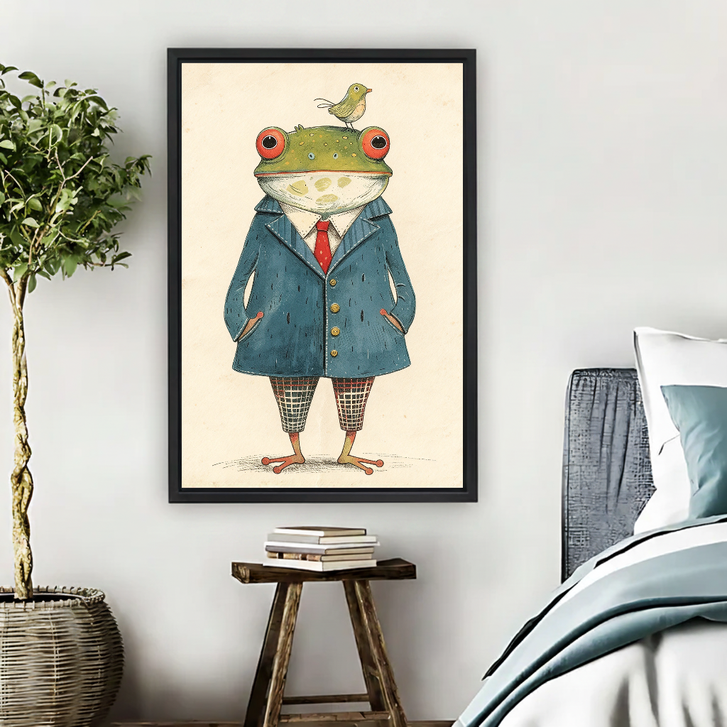 Dapper Frog Bird Friend canvas art framed beside a bed with muted blue bedding and a potted tree.