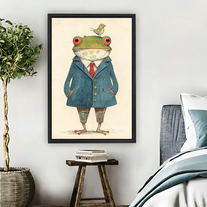 Dapper Frog Bird Friend canvas art framed beside a bed with muted blue bedding and a potted tree.