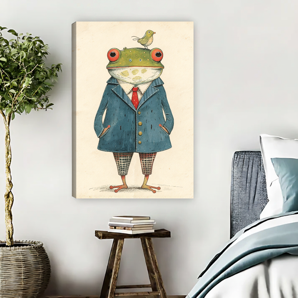 Dapper Frog Bird Friend canvas art unframed beside muted blue bedding and a potted tree.