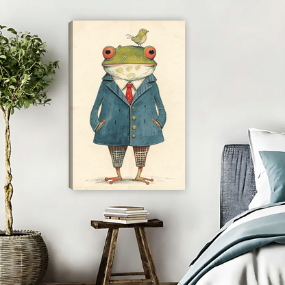 Dapper Frog Bird Friend canvas art unframed beside muted blue bedding and a potted tree.