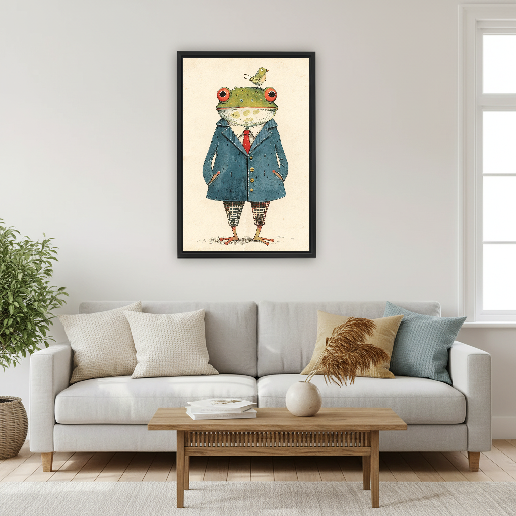 Dapper Frog Bird Friend canvas art framed above a pale sofa and wooden coffee table.