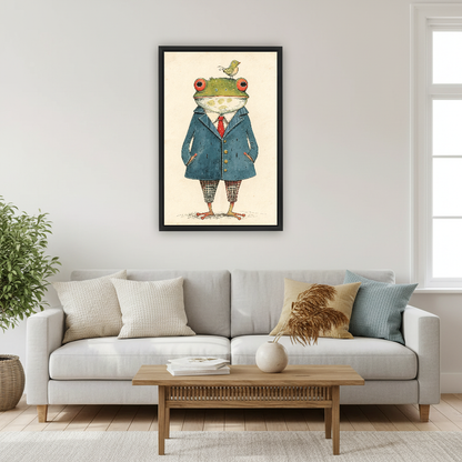 Dapper Frog Bird Friend canvas art framed above a pale sofa and wooden coffee table.