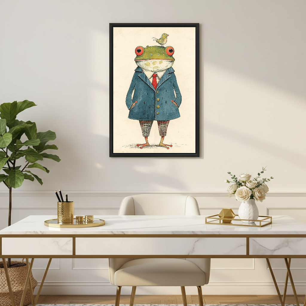 Dapper Frog Bird Friend canvas art framed above a slim gold desk with flowers.