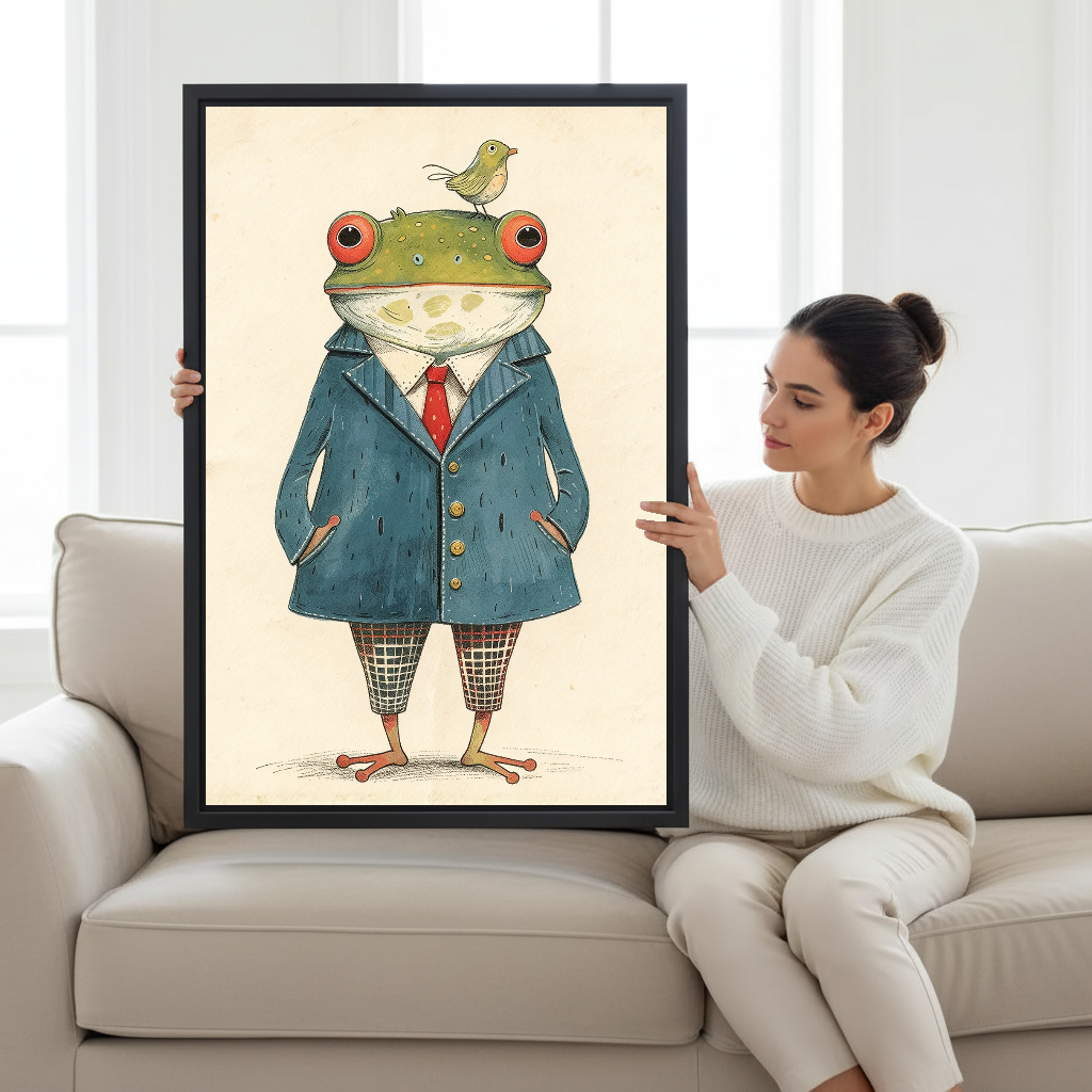 Dapper Frog Bird Friend canvas art held framed by a seated woman beside a window.