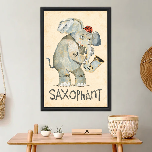 Saxophant Musical Elephant canvas art framed above a wooden console with small plants.