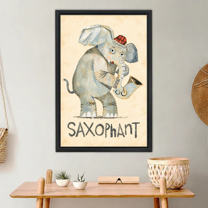 Saxophant Musical Elephant canvas art framed above a wooden console with small plants.