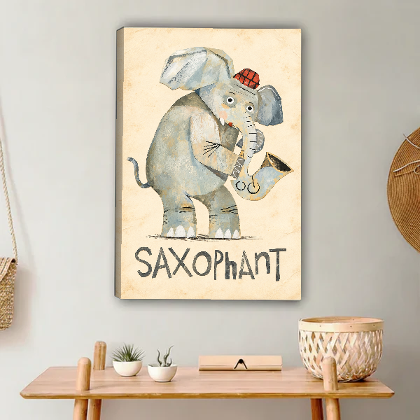Saxophant Musical Elephant canvas art unframed above a wooden console with woven accessories.