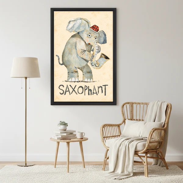 Saxophant Musical Elephant canvas art framed above a rattan reading chair and cream throw.