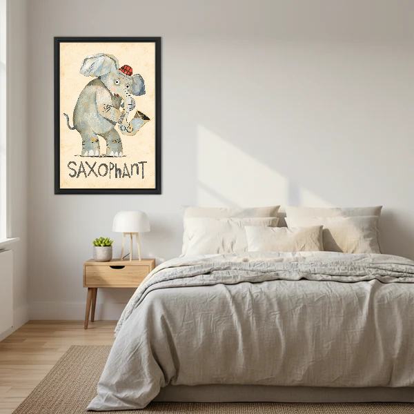 Saxophant Musical Elephant canvas art framed above a cream bed with neutral bedding.