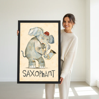 Saxophant Musical Elephant canvas art held framed by a woman in a bright interior.