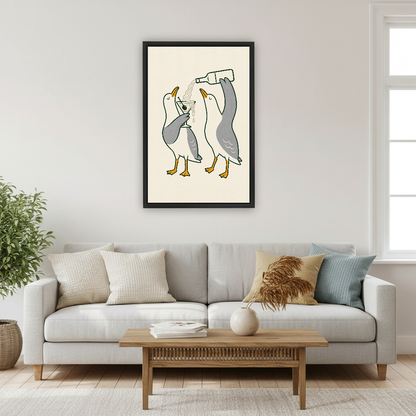 Martini Pouring Seagull Pair canvas art framed above a pale sofa and wooden coffee table.