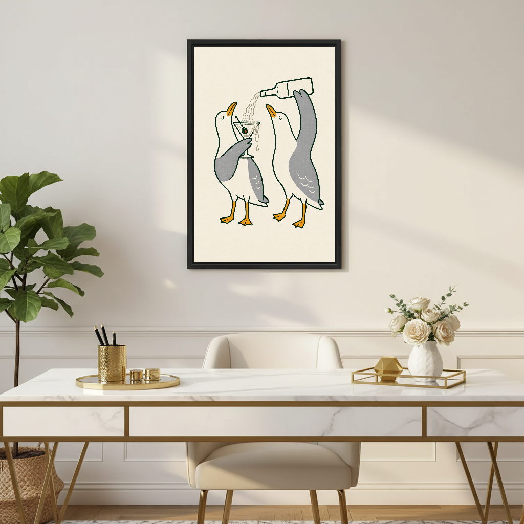 Martini Pouring Seagull Pair canvas art framed above a slim gold desk with flowers.