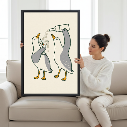 Martini Pouring Seagull Pair canvas art held framed by a seated woman beside a window.