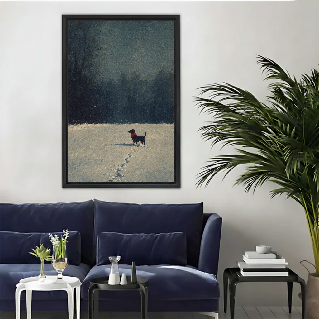 Winter Dachshund Footprints canvas art framed above a navy sofa beside a palm.