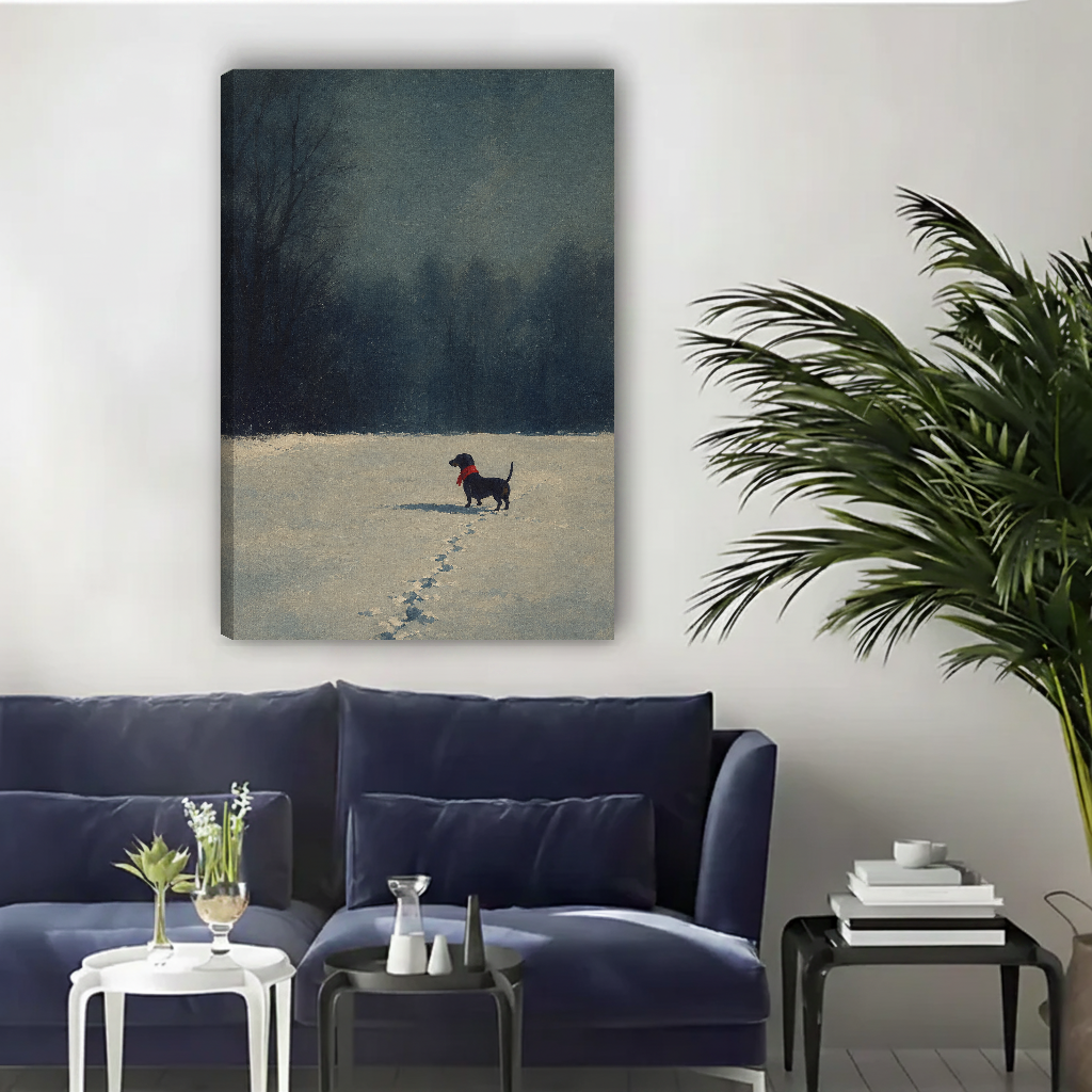 Winter Dachshund Footprints canvas art unframed above a navy sofa beside a palm.