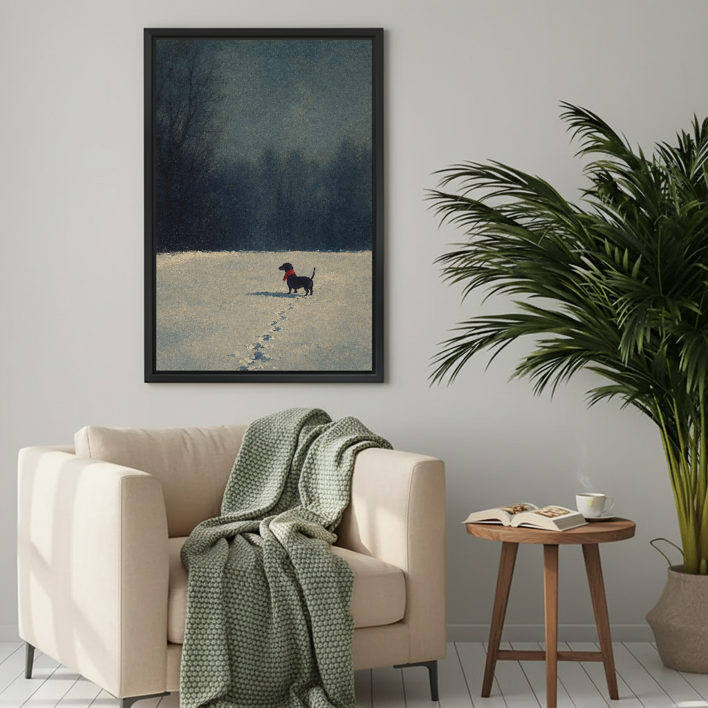 Winter Dachshund Footprints canvas art framed above a cream chair with green throw.