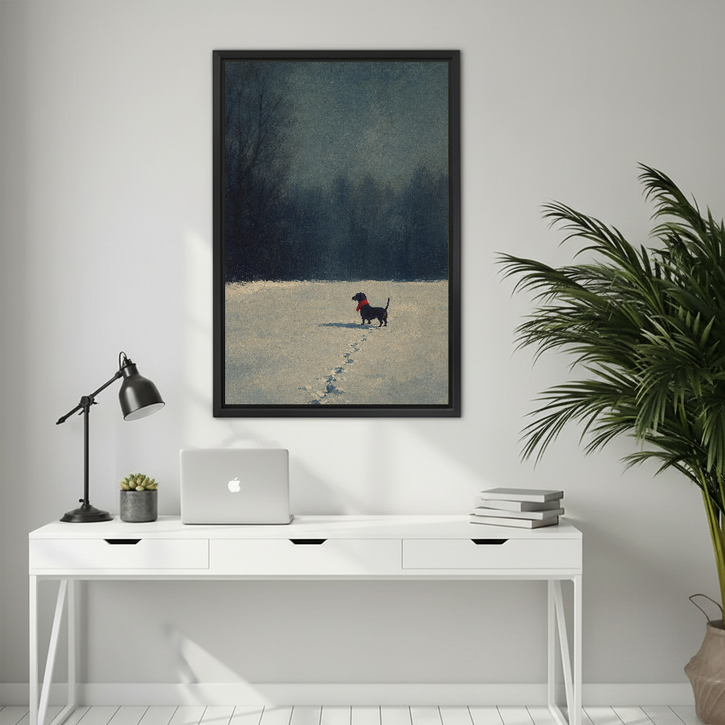 Winter Dachshund Footprints canvas art framed above a white desk beside a palm.