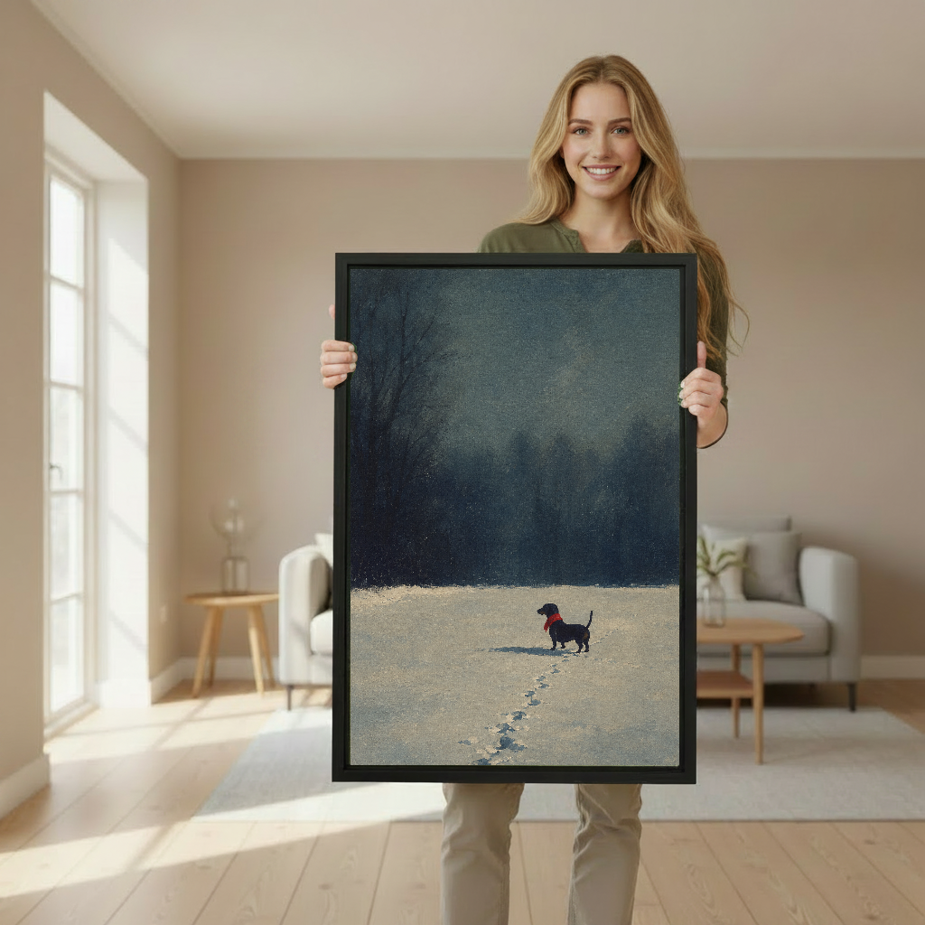 Winter Dachshund Footprints canvas art held framed by a woman wearing green.