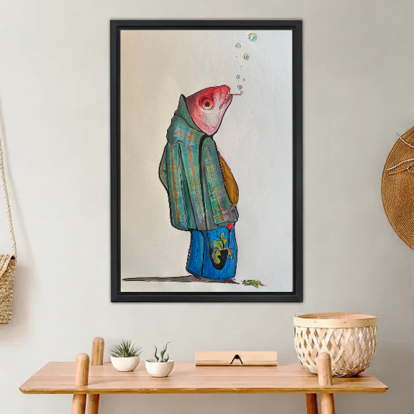 Whimsical Plaid Fish Character canvas art framed above a wooden console with small plants.