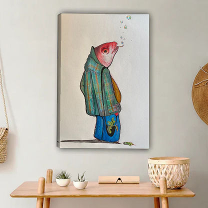 Whimsical Plaid Fish Character canvas art unframed above a wooden console with woven accessories.