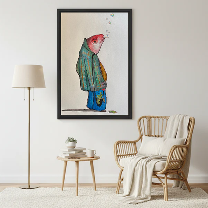 Whimsical Plaid Fish Character canvas art framed above a rattan reading chair and cream throw.