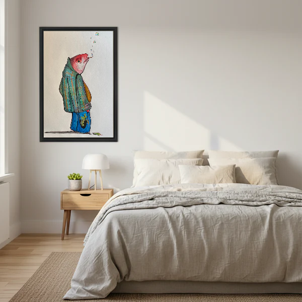 Whimsical Plaid Fish Character canvas art framed above a cream bed with neutral bedding.