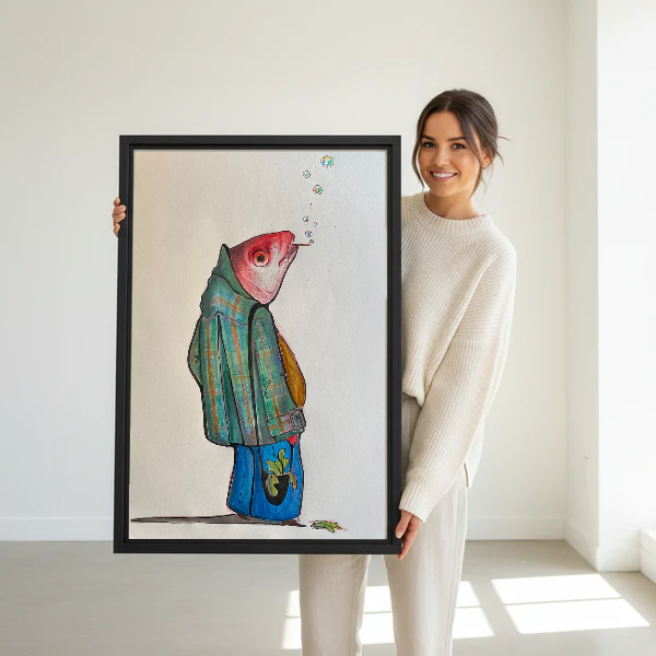 Whimsical Plaid Fish Character canvas art held framed by a woman in a bright interior.