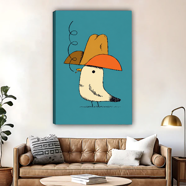 Cowboy Hat Smoking Seagull canvas art unframed above a brown leather sofa and brass lamp.