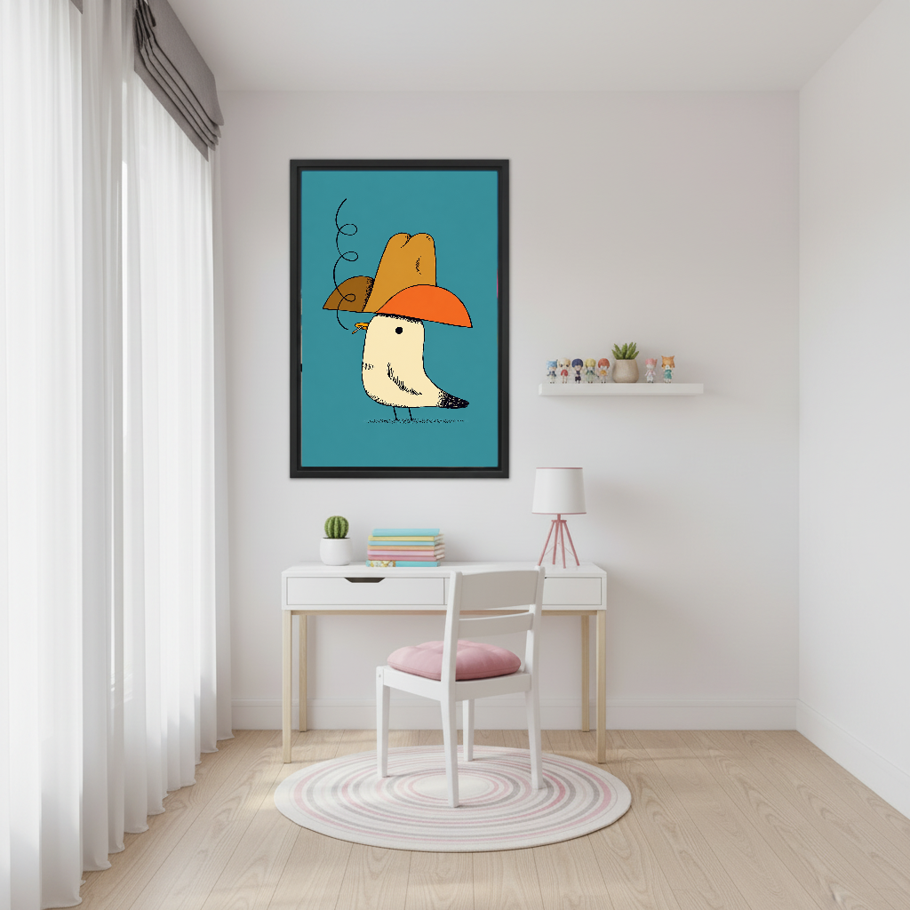 Cowboy Hat Smoking Seagull canvas art framed beside a white desk and pink chair.