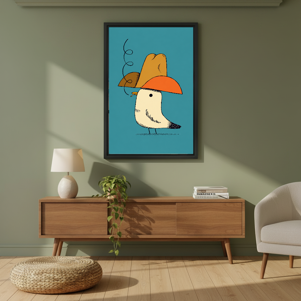 Cowboy Hat Smoking Seagull canvas art framed on a sage wall above a wooden sideboard.