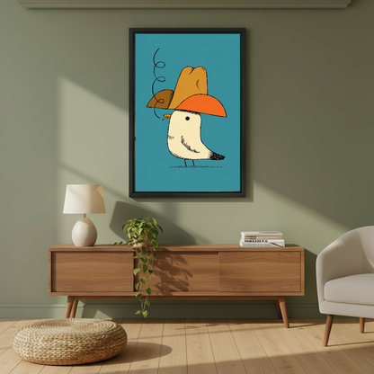 Cowboy Hat Smoking Seagull canvas art framed on a sage wall above a wooden sideboard.