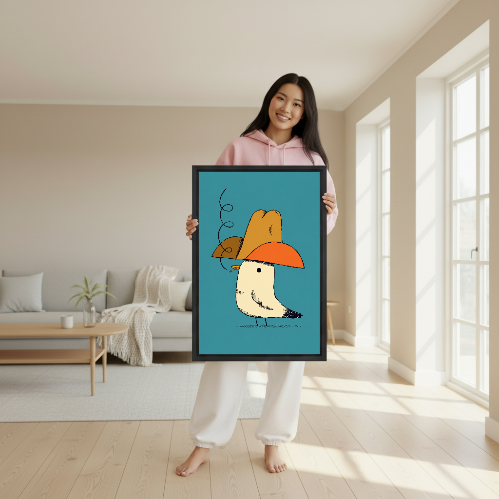 Cowboy Hat Smoking Seagull canvas art held framed by a woman wearing pink.