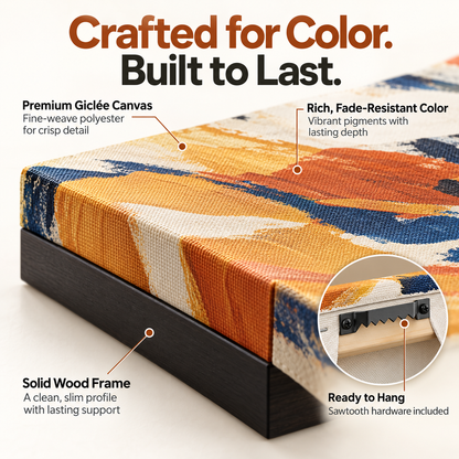 Generic framed canvas construction diagram showing canvas texture, wood frame, color details, and hanging hardware.