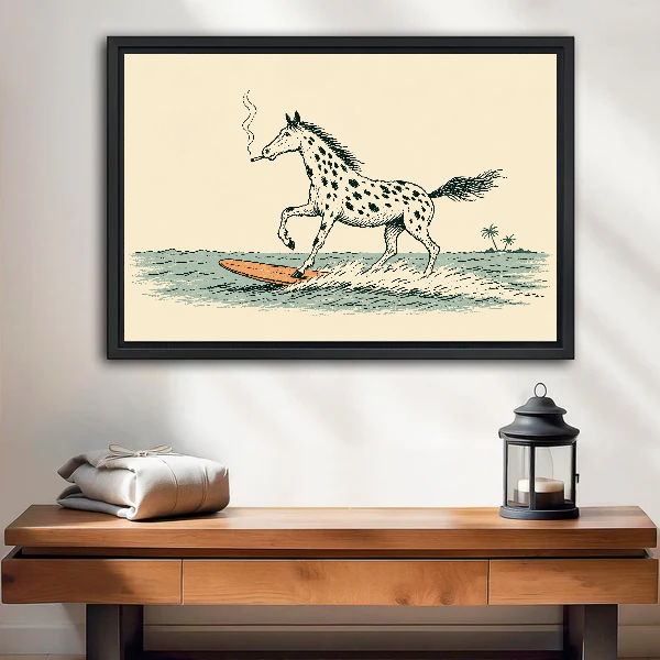Surfing Spotted Horse canvas art framed above a wooden table and lantern.
