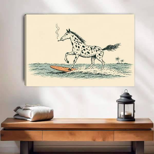 Surfing Spotted Horse canvas art unframed above a wooden table and lantern.