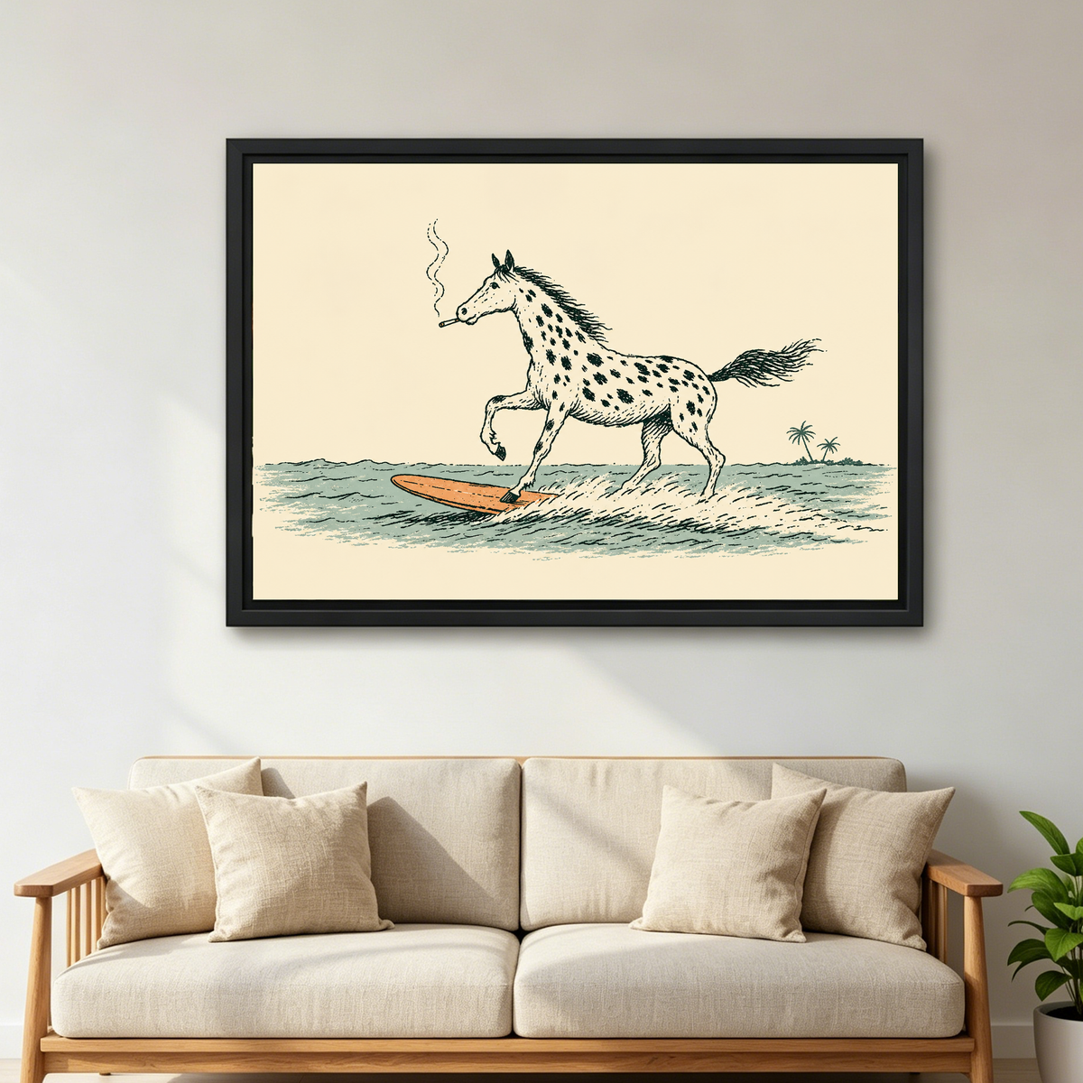 Surfing Spotted Horse canvas art framed above a cream sofa with wooden arms.