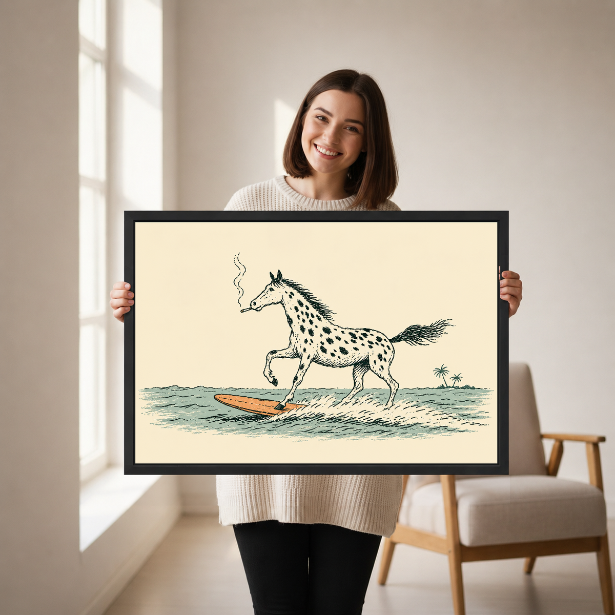 Surfing Spotted Horse canvas art framed, held by a woman in a neutral room.