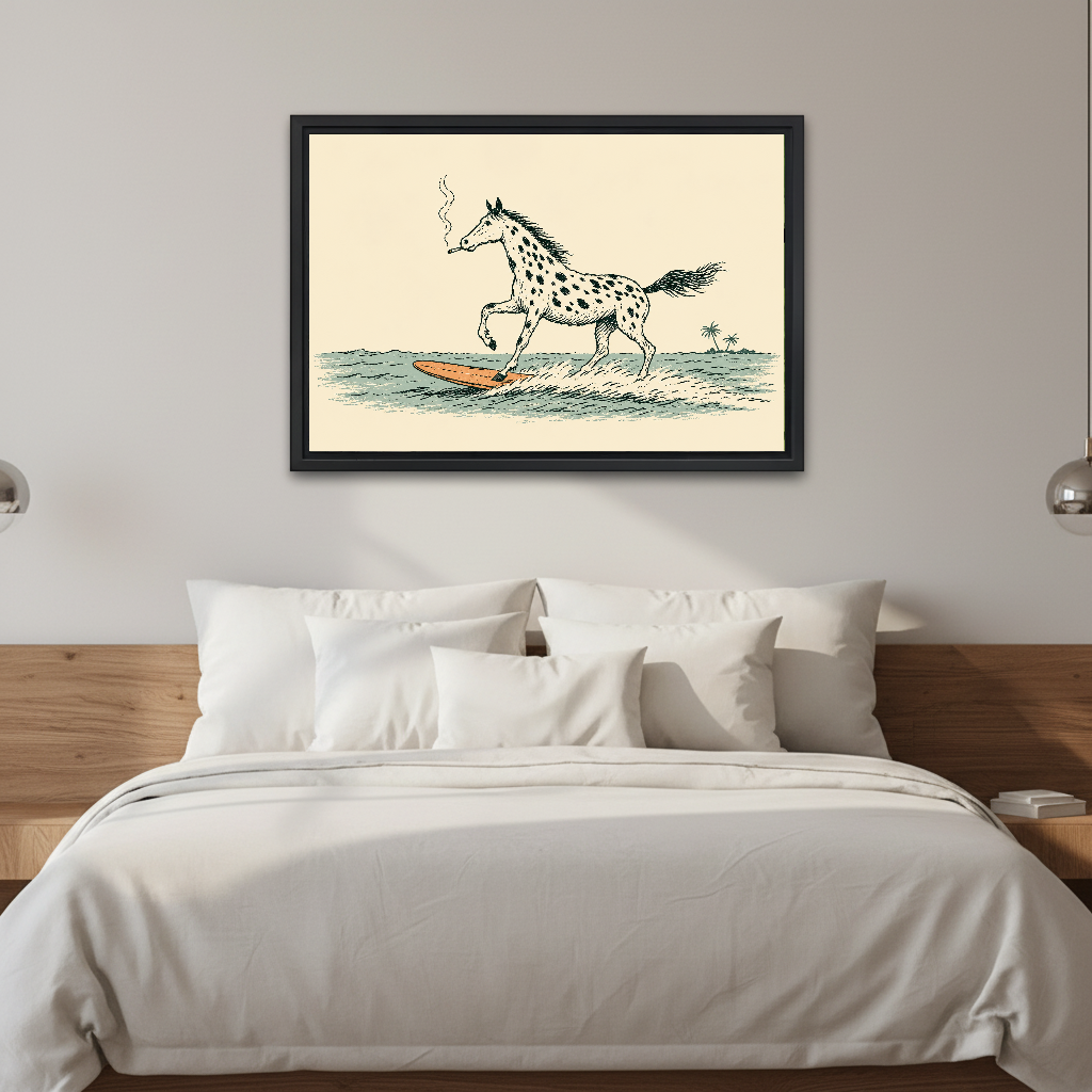 Surfing Spotted Horse canvas art framed above a white bed in a neutral bedroom.