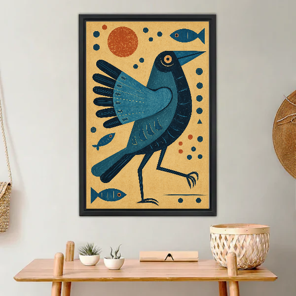 Teal Folk Bird Sun canvas art framed above a wooden console with small plants.